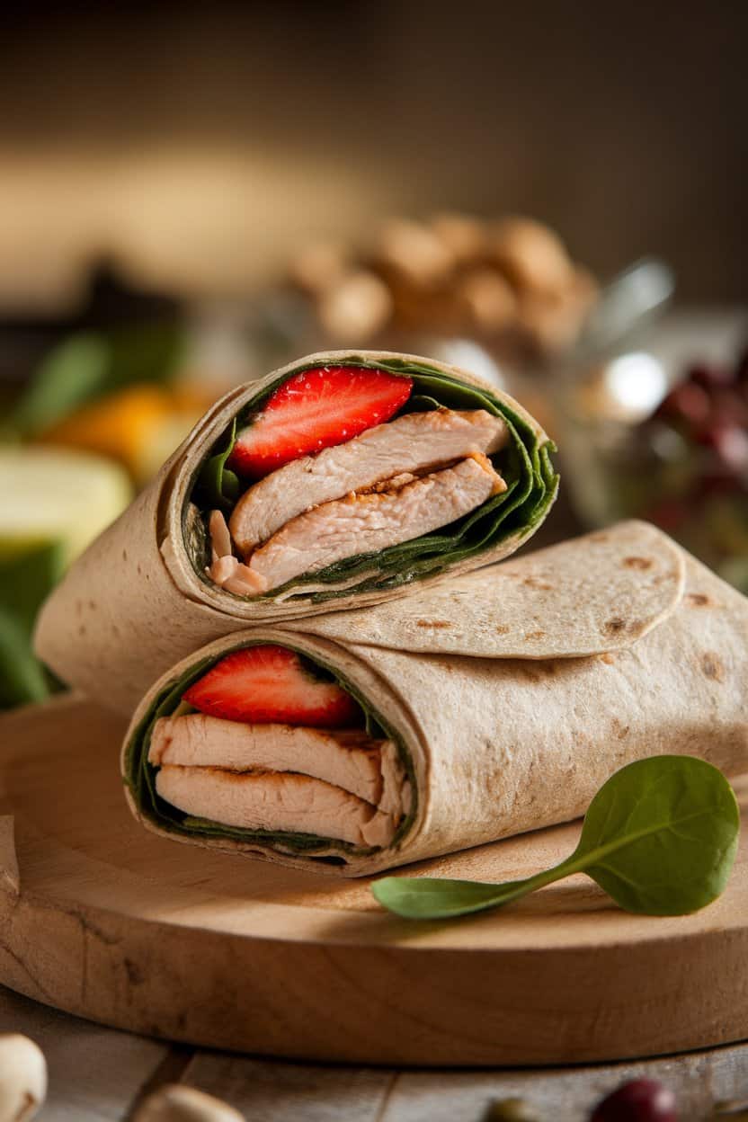 Indoor photo of a whole-grain wrap sliced in half to show grilled chicken, fresh strawberries, and spinach inside; soft lunchtime lighting, no text or logos