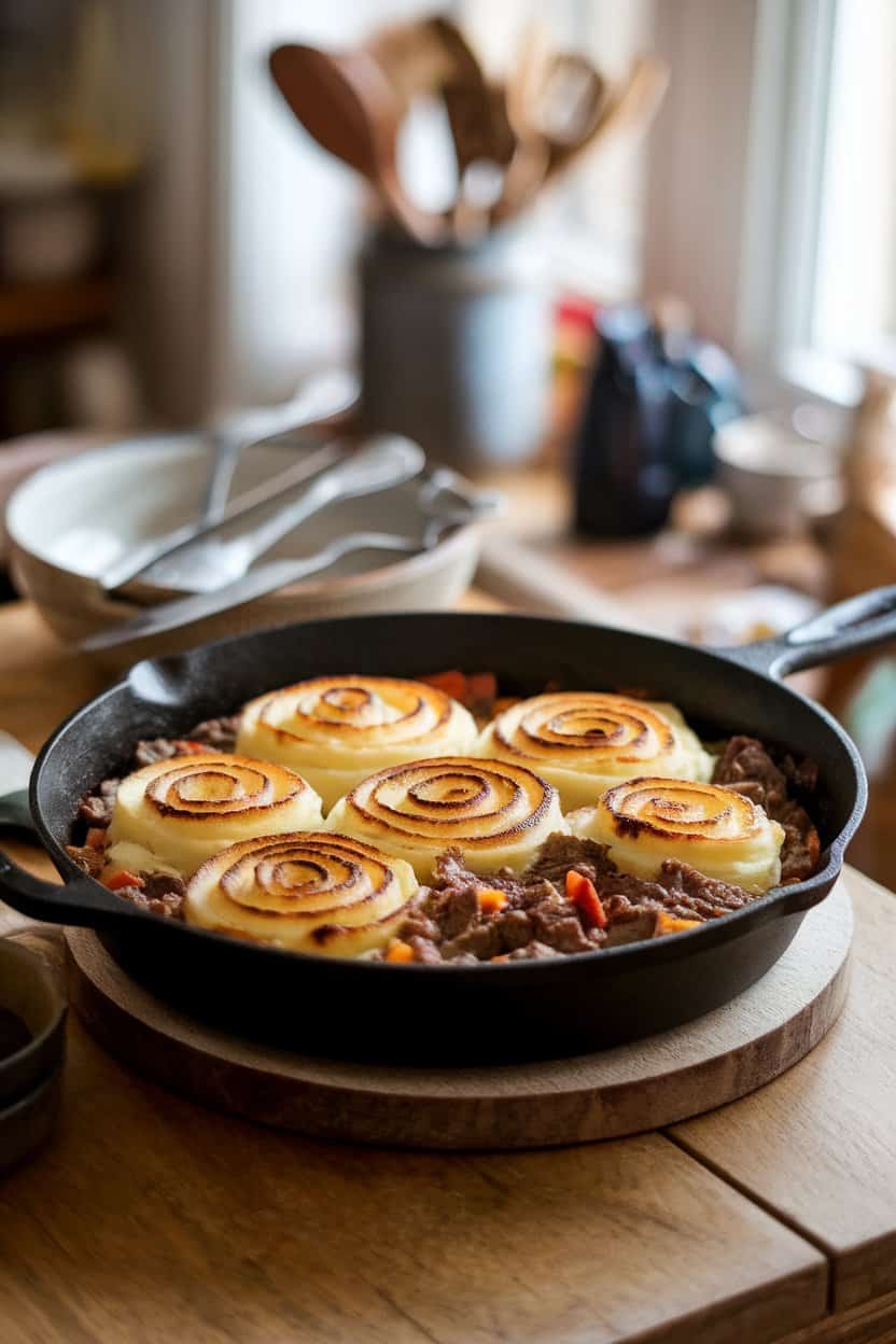 A cast-iron skillet on an indoor wooden table showing mashed potato swirls browned on top of a beef and vegetable filling peeking through. No text or logos.