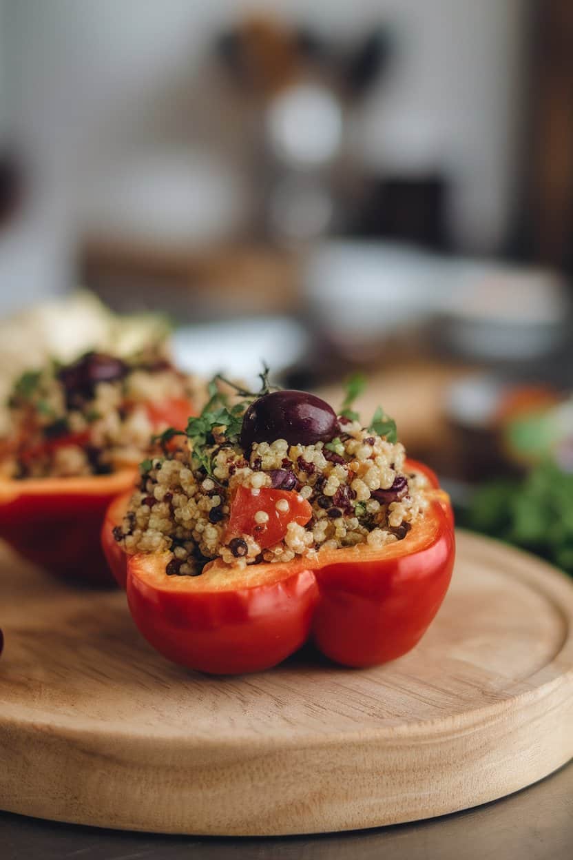 Soft indoor lighting over a halved red bell pepper stuffed with herbed quinoa, olives, and tomato, drizzled with olive oil, no text or logos.