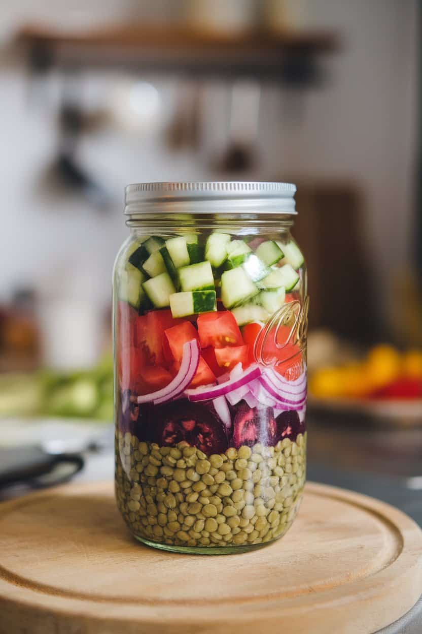 Photo of a tall mason jar indoors layered with green lentils, diced cucumber, tomato, olive slices, and red onion, olive-oil dressing at the bottom. No text or logos present.