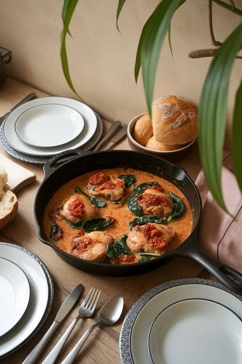 Indoor dining setting featuring a skillet of chicken thighs in creamy sun-dried tomato sauce with spinach leaves. No text or logos, photo not illustration.