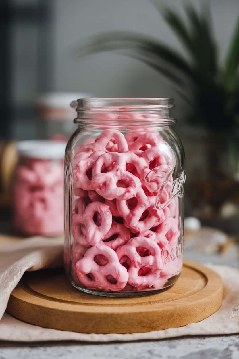 An indoor glass jar filled with pink yogurt-coated mini pretzels, no logos or text present.