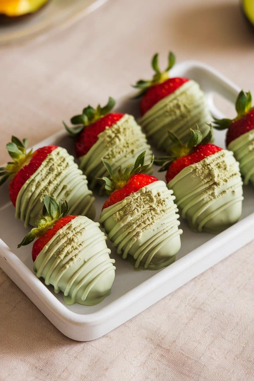 An indoor tray featuring strawberries dipped in pale green matcha-white chocolate coating, some sprinkled with powdered matcha. No logos present.
