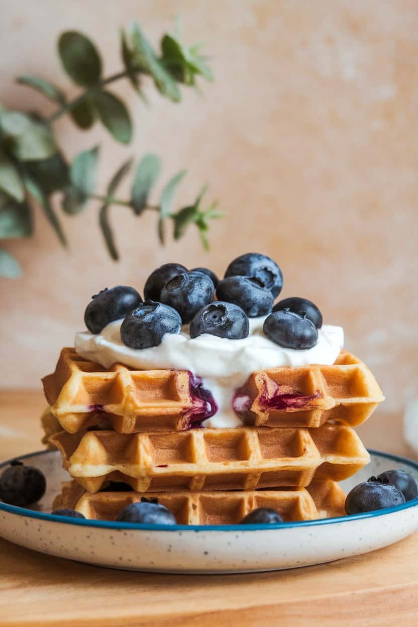 Indoor photo of a stack of almond flour waffles on a plate, topped with Greek yogurt and blueberries; no text or logos