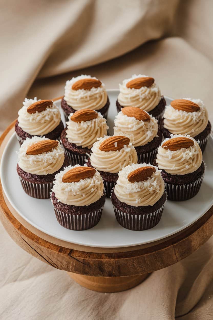 An indoor plate with chocolate cupcakes frosted in coconut buttercream, sprinkled with toasted coconut and a whole almond. No text or logos.