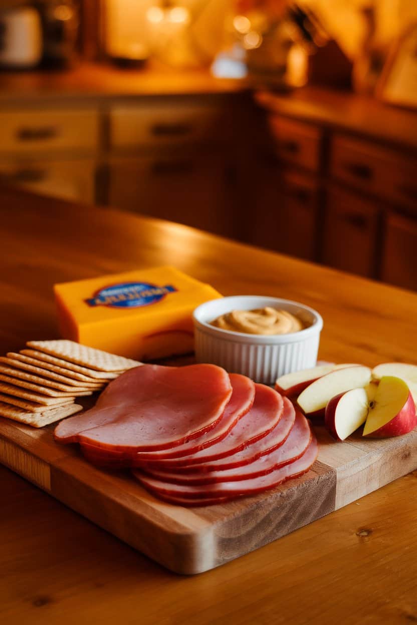 Indoor photo of a simple wooden cutting board with sliced deli ham, store-brand cheddar, saltines, apple wedges, and honey mustard dip; warm kitchen lighting, no text or logos