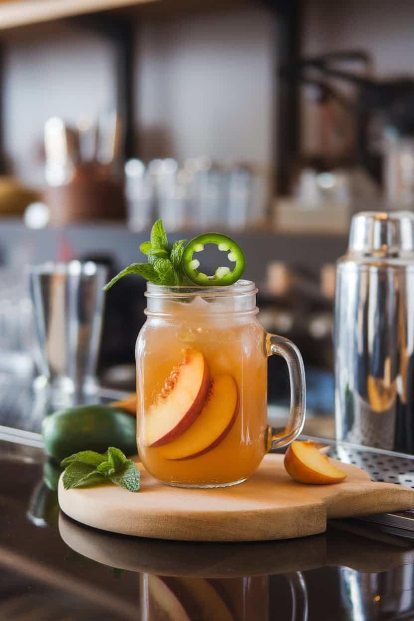 A photo of an indoor bar counter displaying a mason jar glass of golden peach mocktail, thin jalapeño ring floating, and a sprig of mint. No text or logos.