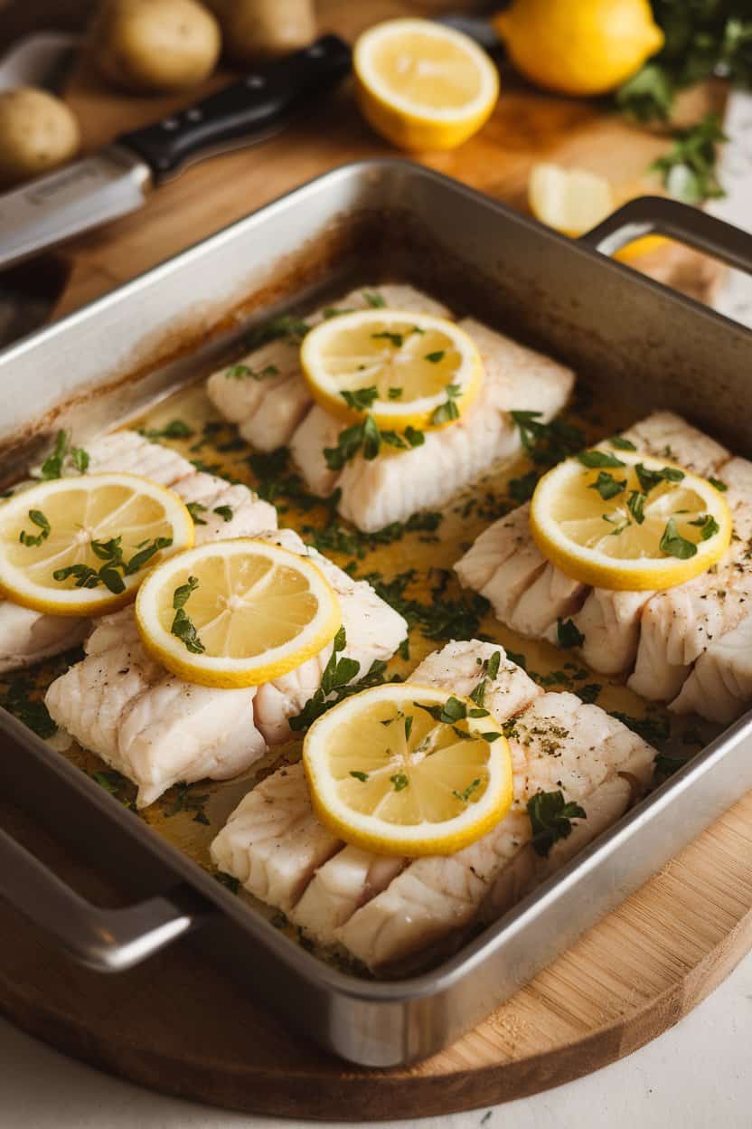 Indoor photo of a baking dish with flaky cooked cod fillets topped with lemon slices and chopped parsley; warm lighting, no raw fish visible, no text or logos