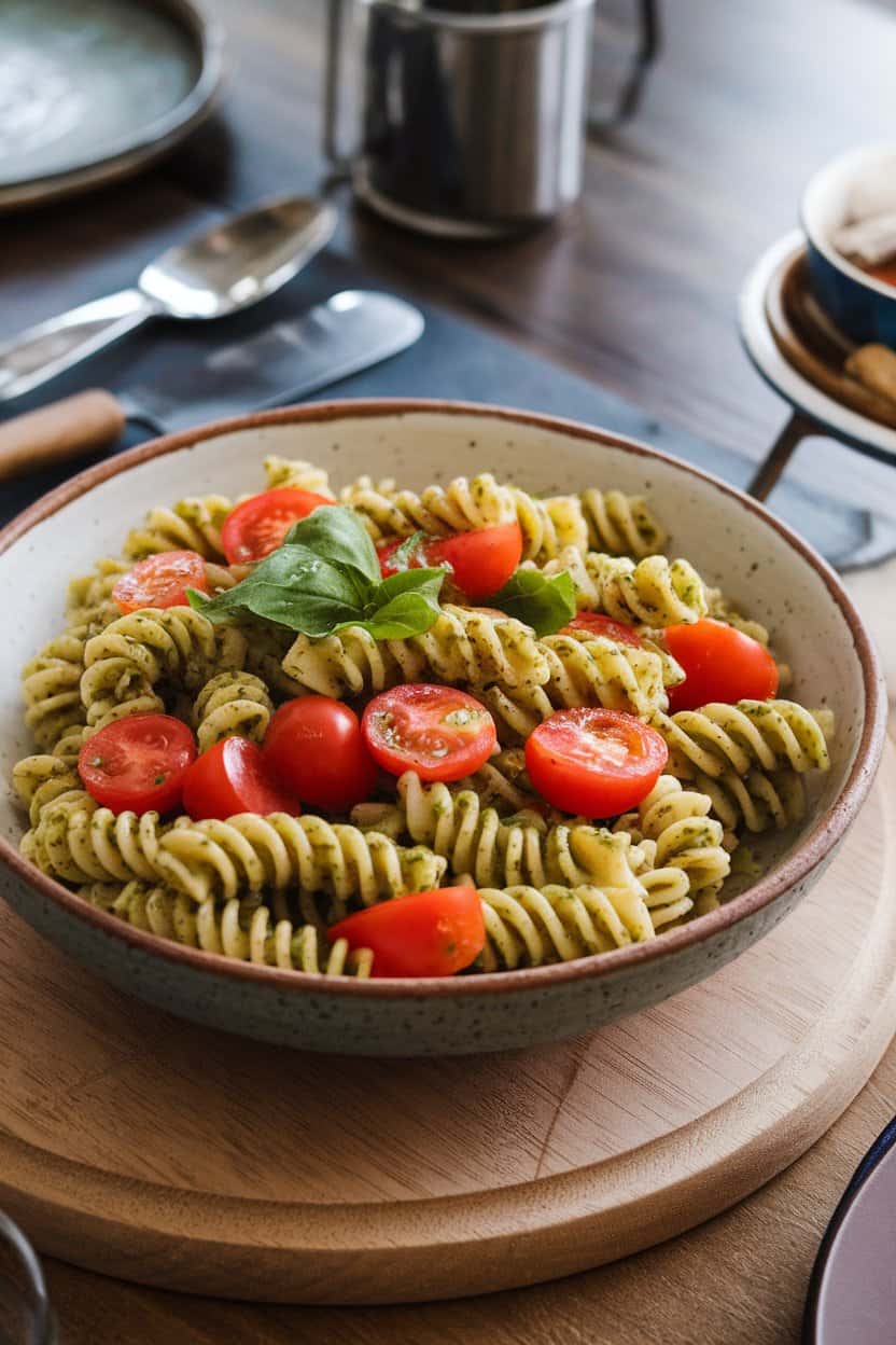 Photo of a ceramic bowl on an indoor dining table filled with chilled rotini coated in vibrant dairy-free pesto, dotted with sliced cherry tomatoes and fresh basil. No text or logos present.