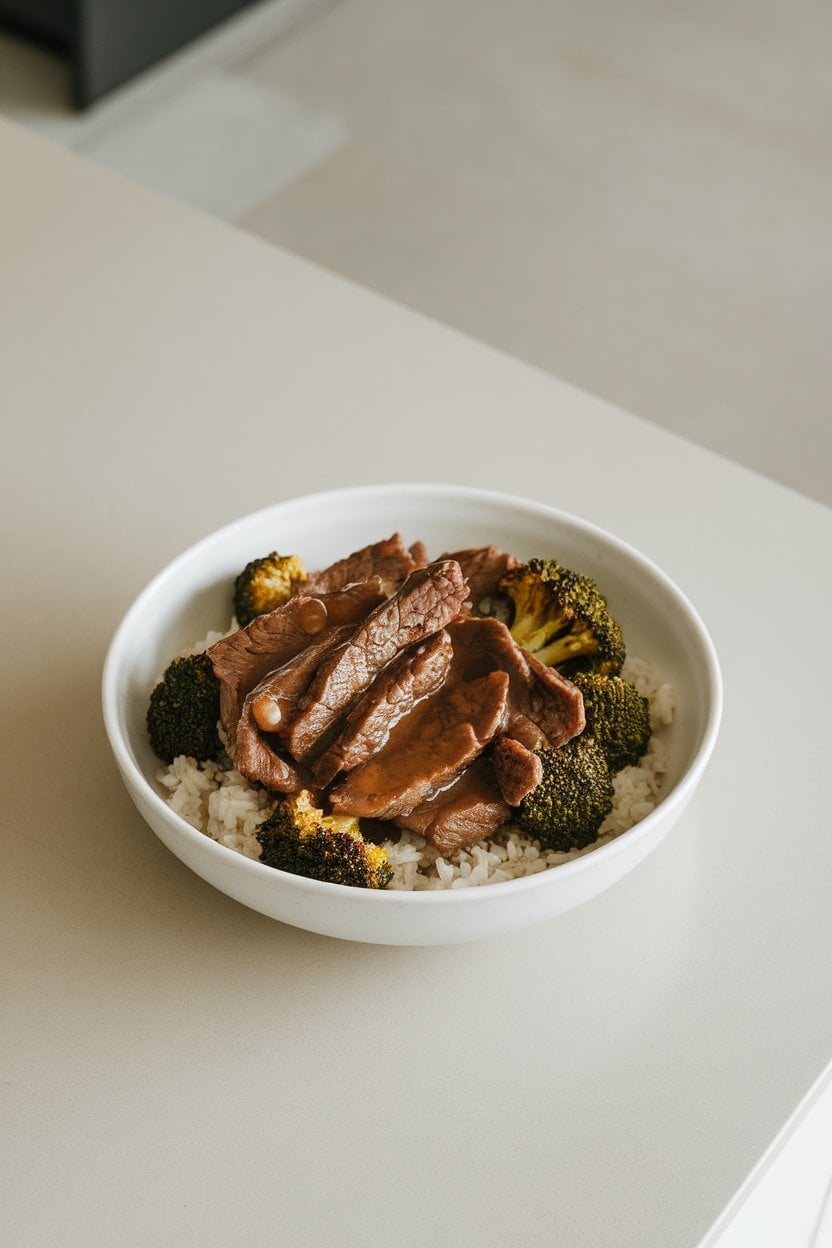 Photo of a white bowl on an indoor countertop containing tender beef strips and broccoli florets in glossy brown sauce over rice. No text or logos.
