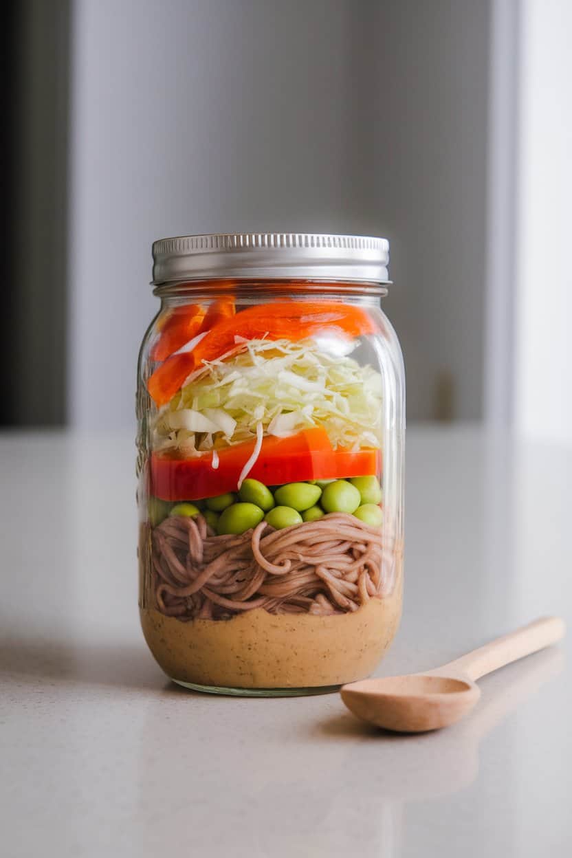 Photo of a mason jar set on an indoor countertop layered with soba noodles, julienned bell pepper, shredded cabbage, edamame, and a creamy peanut sauce at the bottom. No text or logos in frame.
