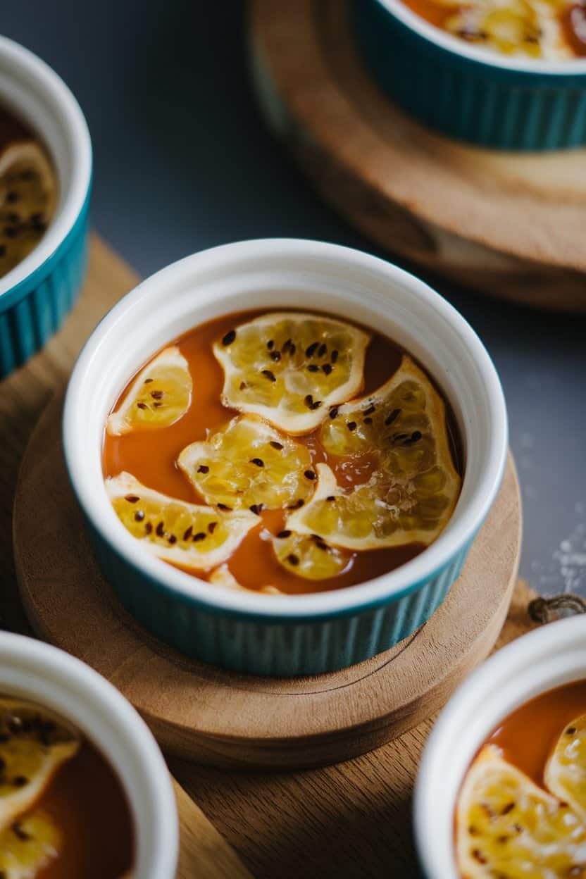 Photo: Shallow ramekin with crackled caramel top, passion fruit seeds sprinkled over, indoor tabletop lighting. No text or logos.