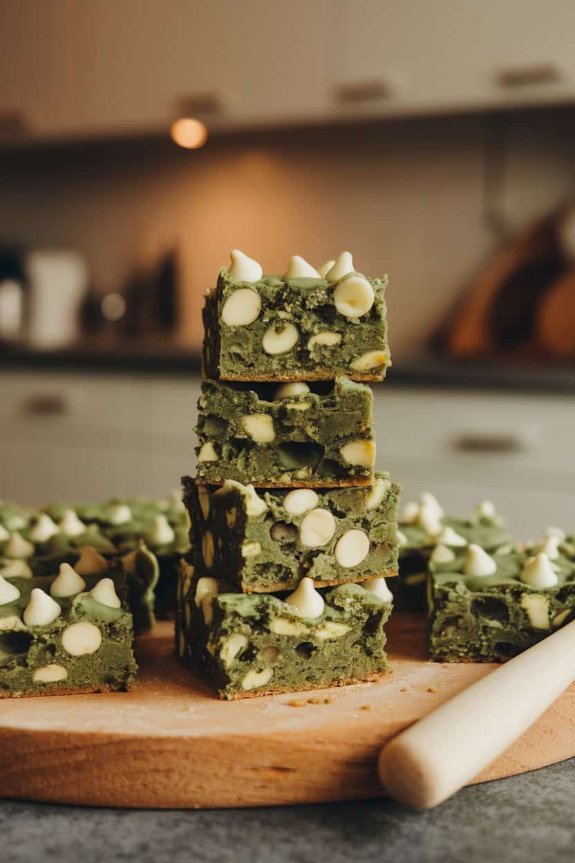 Photo: Stack of green-tinted blondie squares studded with white chocolate chips, indoor kitchen lighting. No text or logos present.