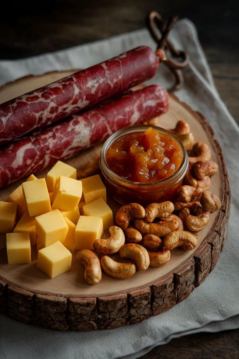 Indoor photo of a wooden platter featuring spicy soppressata, pepper jack cubes, jalapeño jam, and chili-roasted cashews; moody lighting, no text or logos