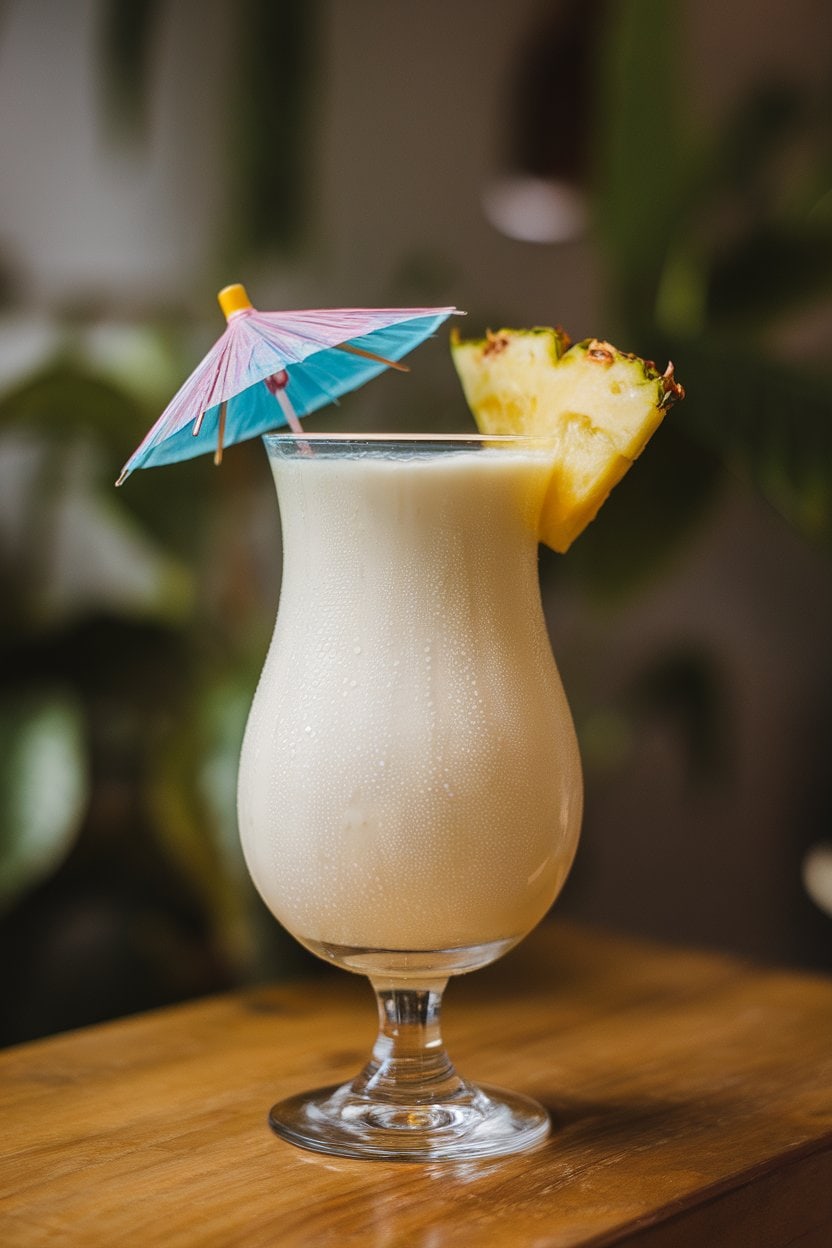 A photo of a hurricane glass indoors filled with creamy white piña colada, pineapple wedge and paper umbrella garnish, condensation forming on the outside. No text or logos present.