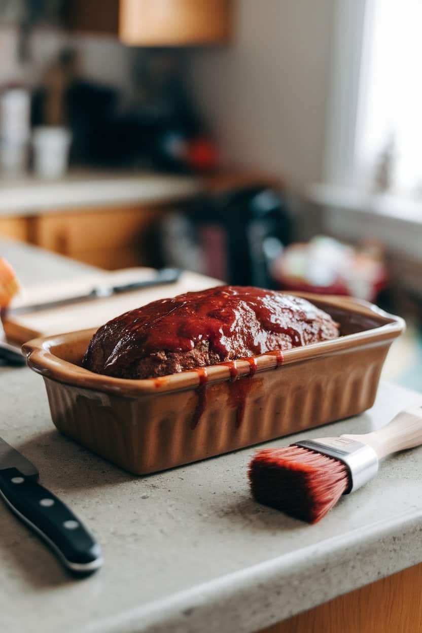 A ceramic loaf pan on an indoor countertop holding meatloaf glazed with sticky mahogany barbecue sauce, a basting brush nearby. No text or logos. Photo only.
