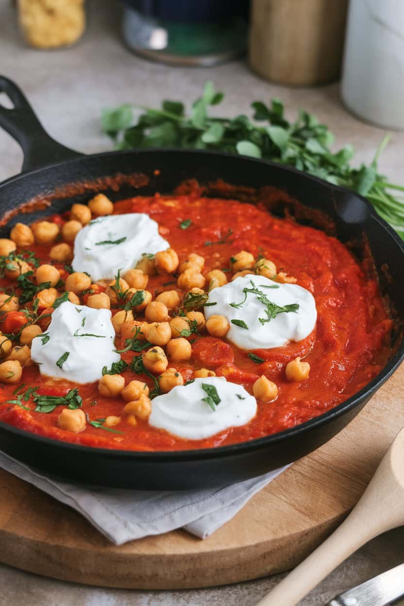 Indoor skillet filled with tomato-pepper sauce dotted with chickpeas and dollops of herbed yogurt, no text or logos present.