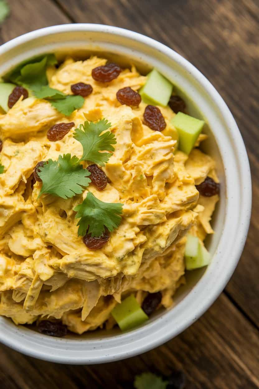 Indoor photo of a white ceramic bowl filled with golden curry-speckled chicken salad dotted with green apple cubes and raisins, garnished with cilantro leaves, shot from a slight overhead angle on a wooden table—no text or logos