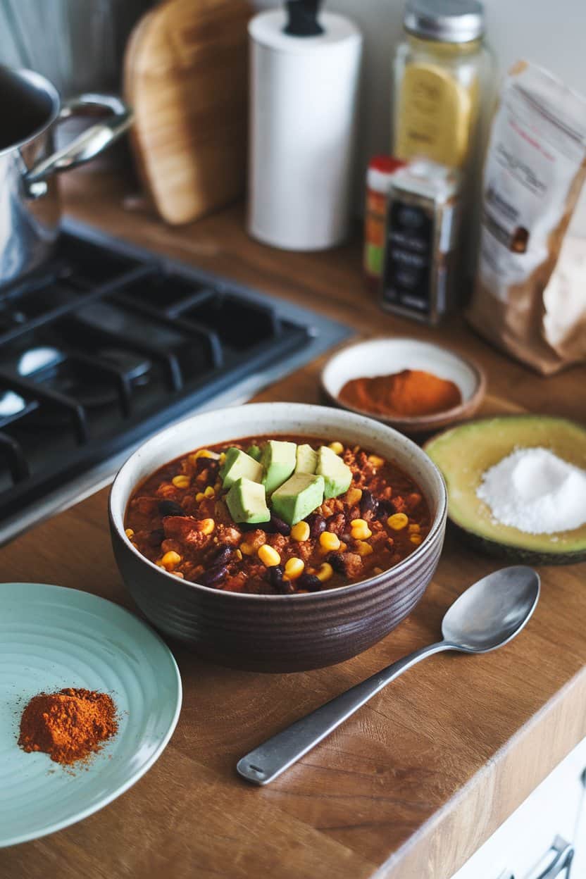 A cozy indoor countertop photo of a ceramic bowl brimming with hearty chili, tofu crumbles, black beans, and corn, topped with avocado cubes; no text or logos visible.