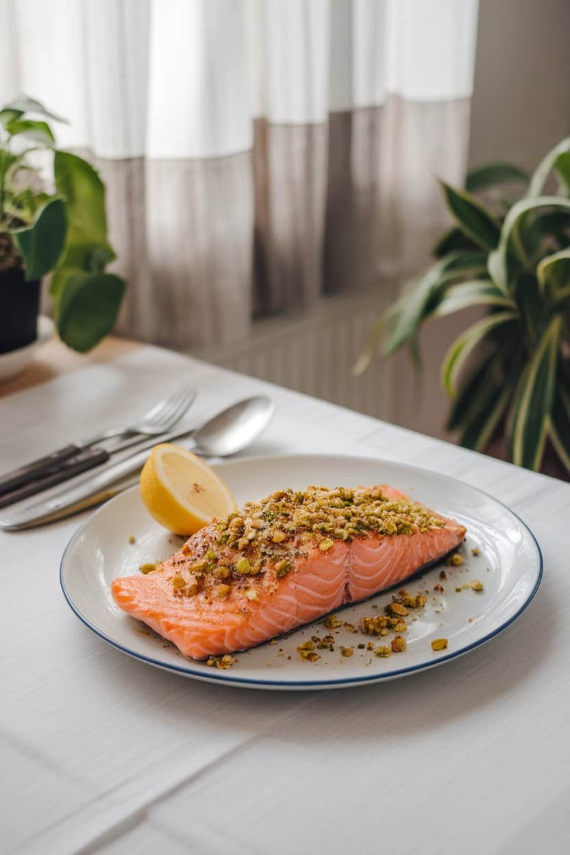 An indoor kitchen table featuring a cooked salmon fillet topped with crushed pistachios and herbs, lemon wedges nearby. No text or logos; photo only.