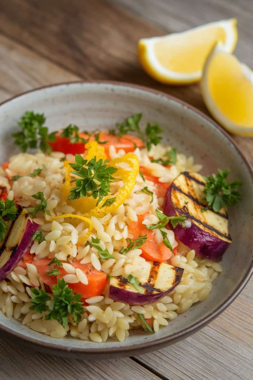 Indoor dish with tiny orzo pasta tossed in lemon zest, parsley, and mixed grilled vegetables, served in a shallow bowl. No text or logos, photo not illustration.