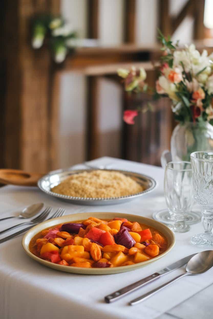 An indoor table setting with a shallow bowl of colorful root vegetables and dried apricots in a saffron-tinged sauce, couscous on the side, no text or logos.