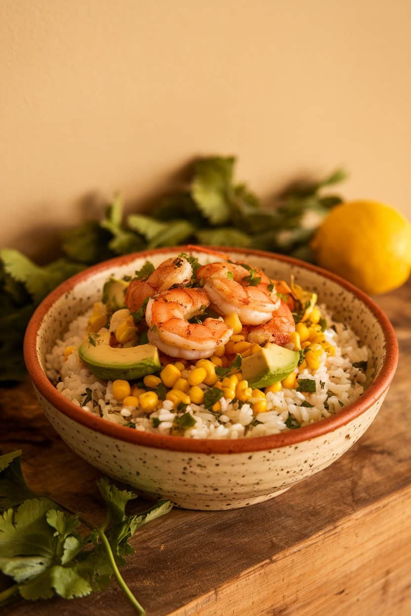 A ceramic bowl of cilantro-flecked rice topped with grilled shrimp, corn, and avocado, taken indoors with warm light. No branding visible. Photo only.
