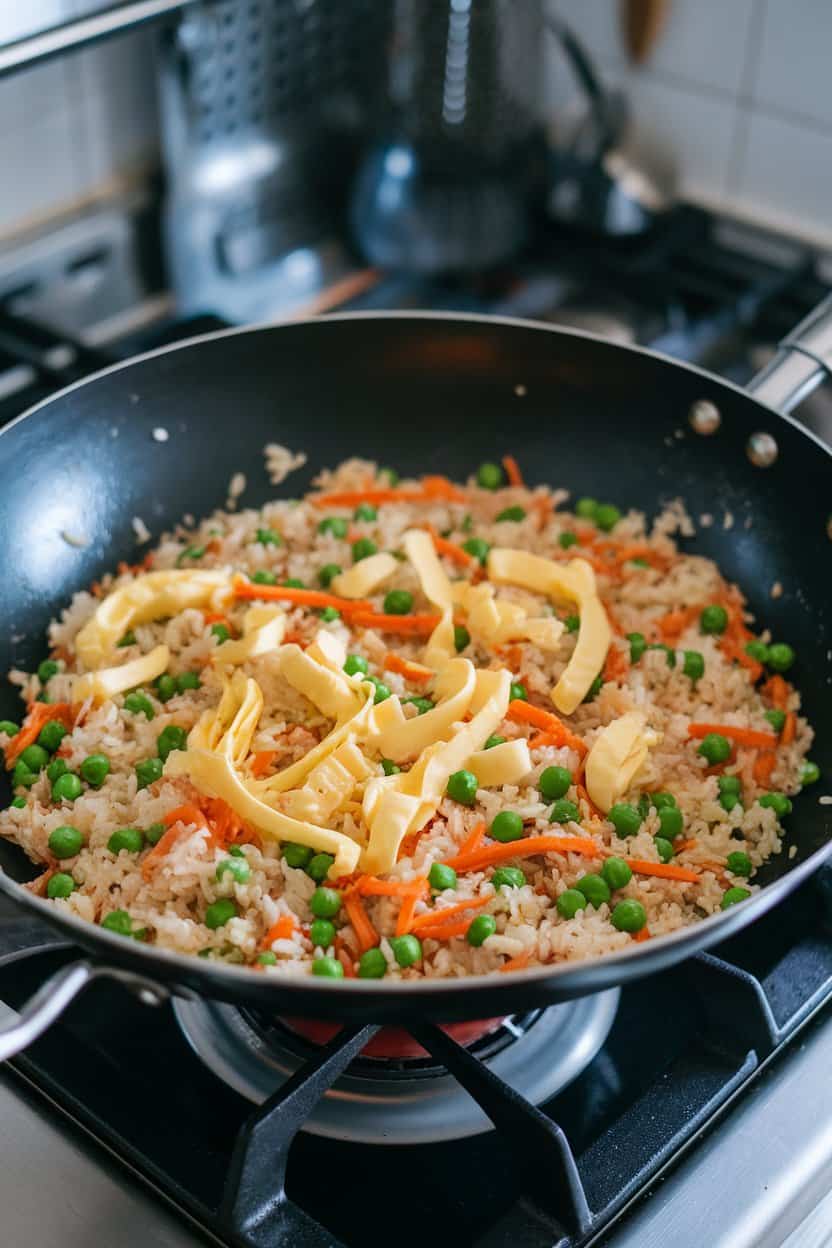 Photo of a wok on an indoor stovetop filled with colorful fried rice dotted with peas, carrots, and scrambled egg ribbons, glistening under kitchen lights. No logos visible.