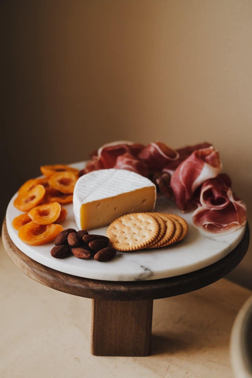 Indoor photo of a marble board featuring aged gouda, prosciutto, dried apricots, rice crackers, and dark chocolate almonds; warm neutral lighting, no text or logos