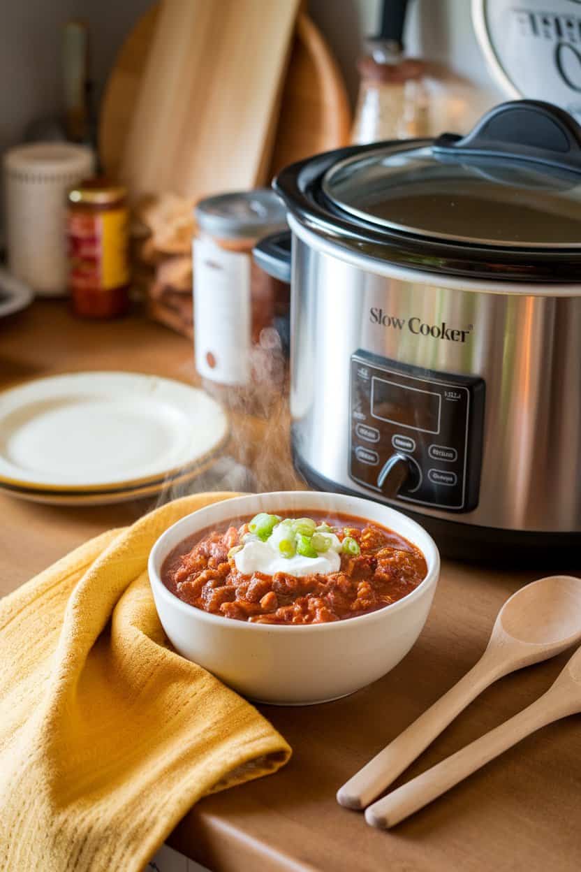 A cozy indoor countertop with a slow cooker beside a bowl of chunky beef chili topped with sour cream and scallions. No text or logos.