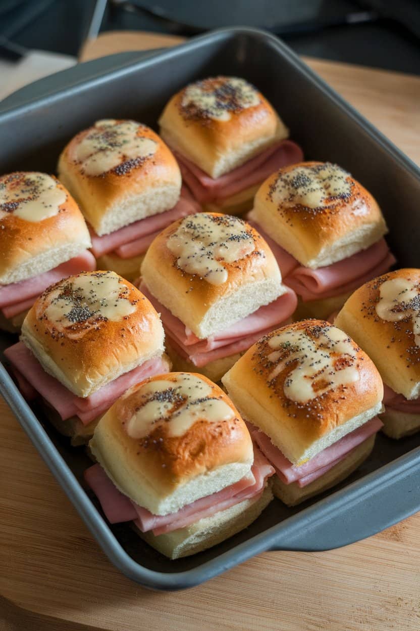 Photo of a baking dish indoors containing mini slider buns layered with ham and Swiss cheese, tops brushed with melted butter and poppy seeds. No logos visible.