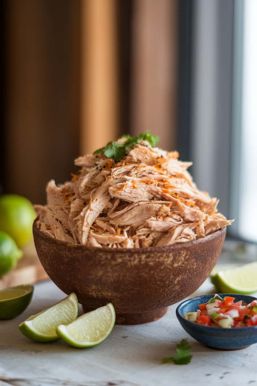 Indoor photo of a rustic bowl piled high with shredded seasoned chicken beside lime wedges and a small dish of salsa—soft window light, no text or logos