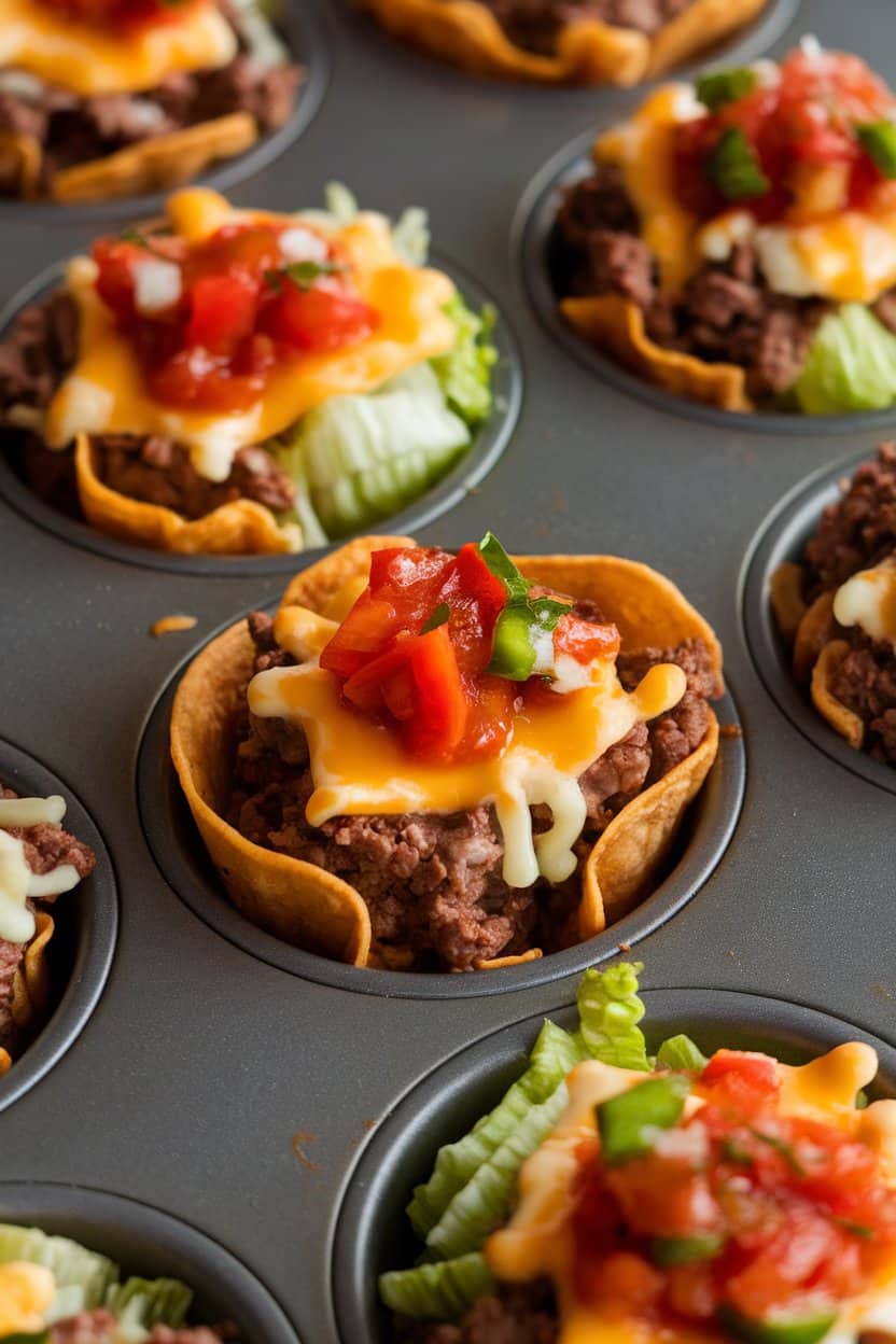 A muffin tin indoors holding individual tortilla cups layered with seasoned beef, cheese, lettuce, and salsa. No text or branding shown.