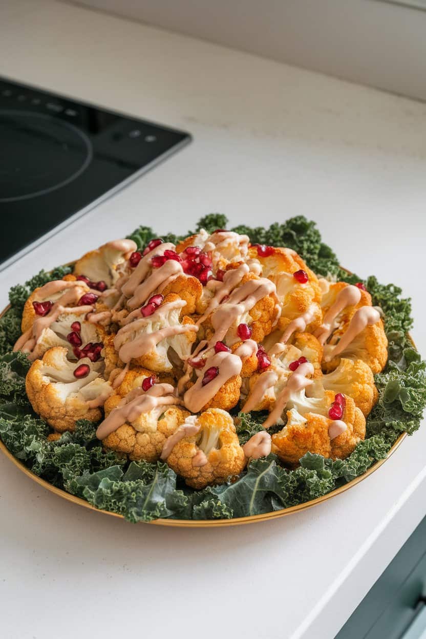 Photo of an indoor countertop featuring a platter of golden roasted cauliflower florets on a bed of baby kale, drizzled with creamy tahini sauce and sprinkled with pomegranate seeds. No text or logos visible.