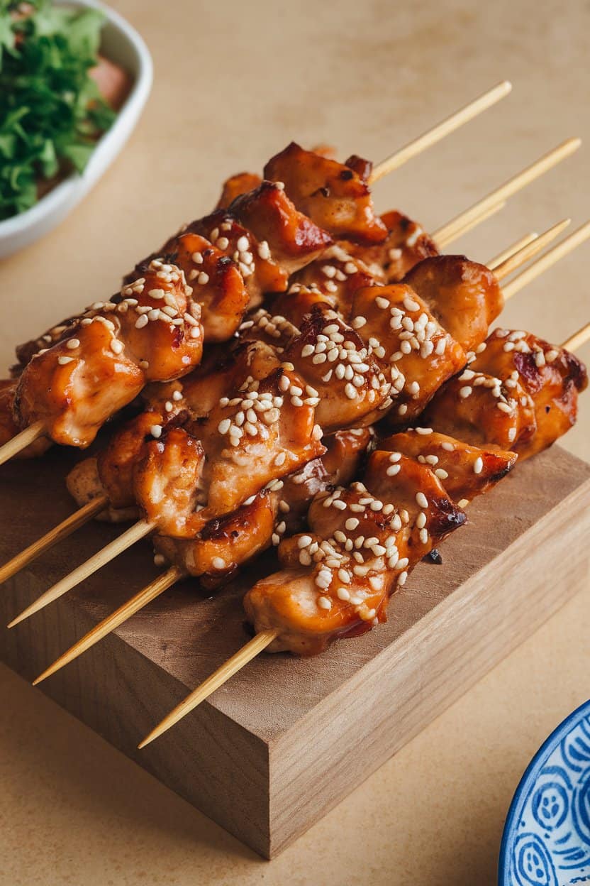 An indoor platter of glazed teriyaki chicken skewers garnished with sesame seeds, no text or logos.