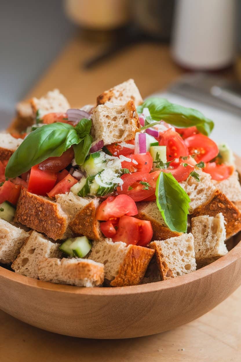Indoor bowl of cubed whole-grain bread tossed with tomatoes, cucumbers, red onion, and basil, lightly dressed, no text or logos.