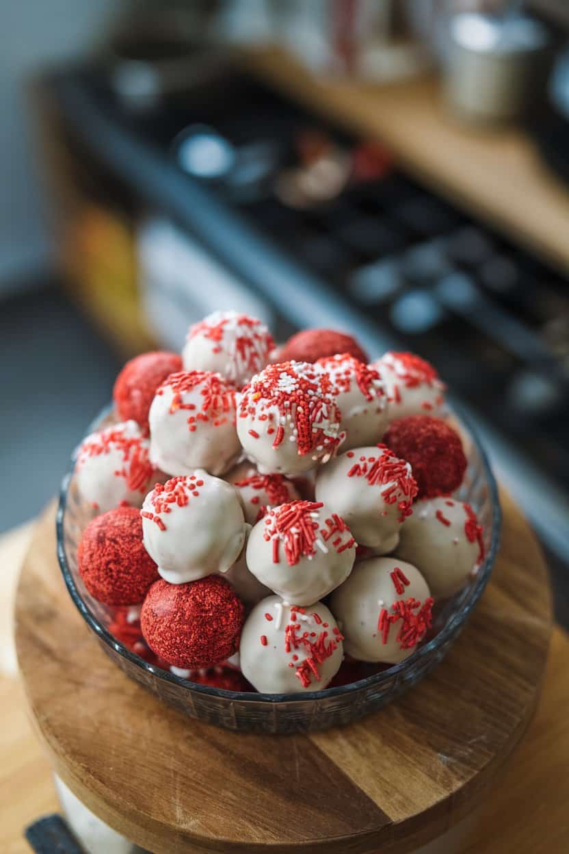 An indoor dish of red velvet cake balls coated in white chocolate, some topped with red sprinkles, photographed slightly overhead. No text or logos, photo.