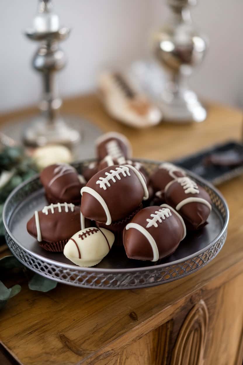Indoor dessert tray featuring chocolate-coated football-shaped truffles with white chocolate laces; no text or logos.