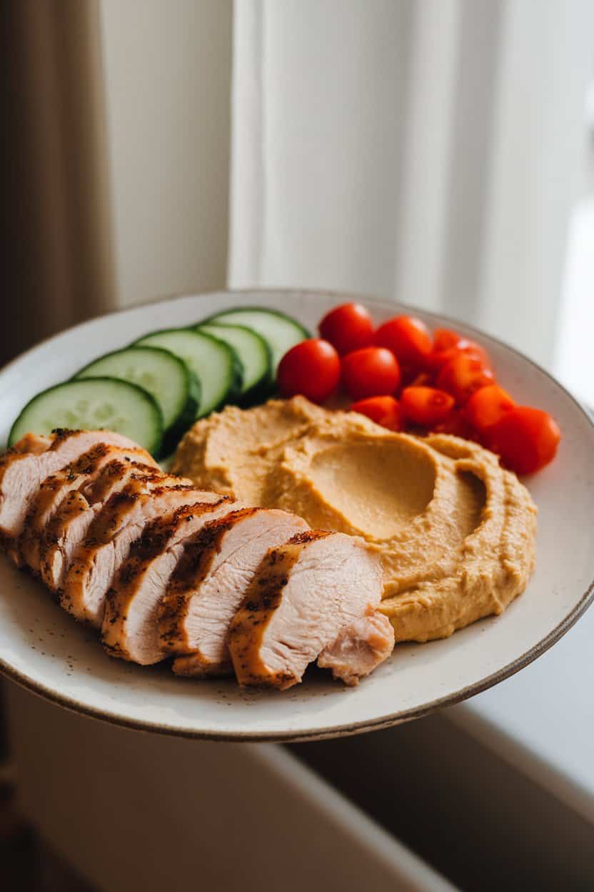 A softly lit indoor plate featuring sliced grilled chicken breast, a generous scoop of hummus, cucumber rounds, and cherry tomatoes. Slight side angle, no text or logos. Photo only.