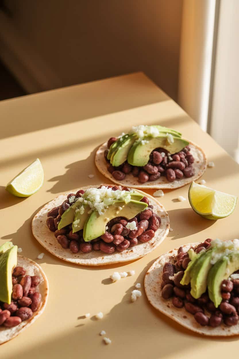 A warmly lit indoor table featuring three corn tortillas filled with seasoned black beans, avocado slices, and a sprinkle of cotija cheese, lime wedges on the side, no text or logos anywhere.