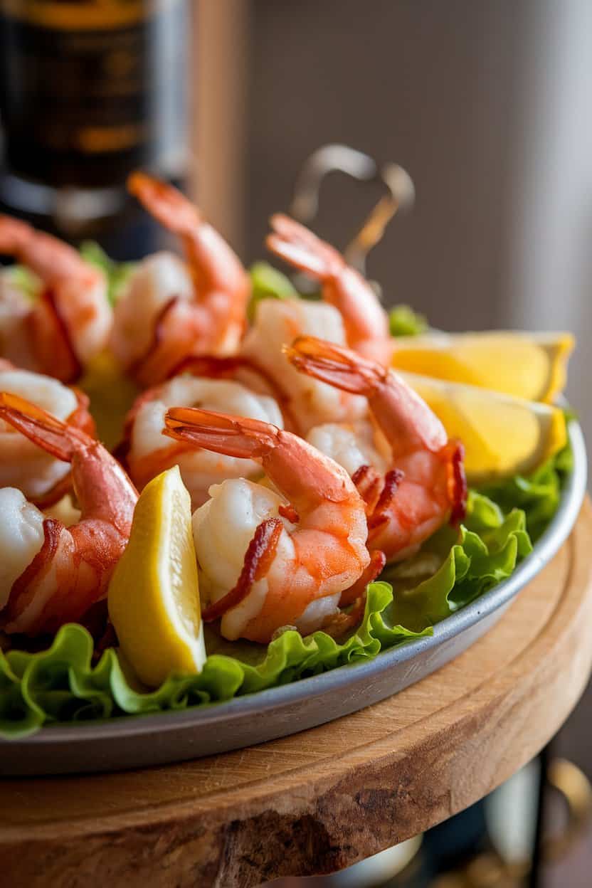 An indoor serving tray with perfectly cooked shrimp wrapped in crisp bacon, garnished with lemon wedges. Soft backlighting, no logos present.