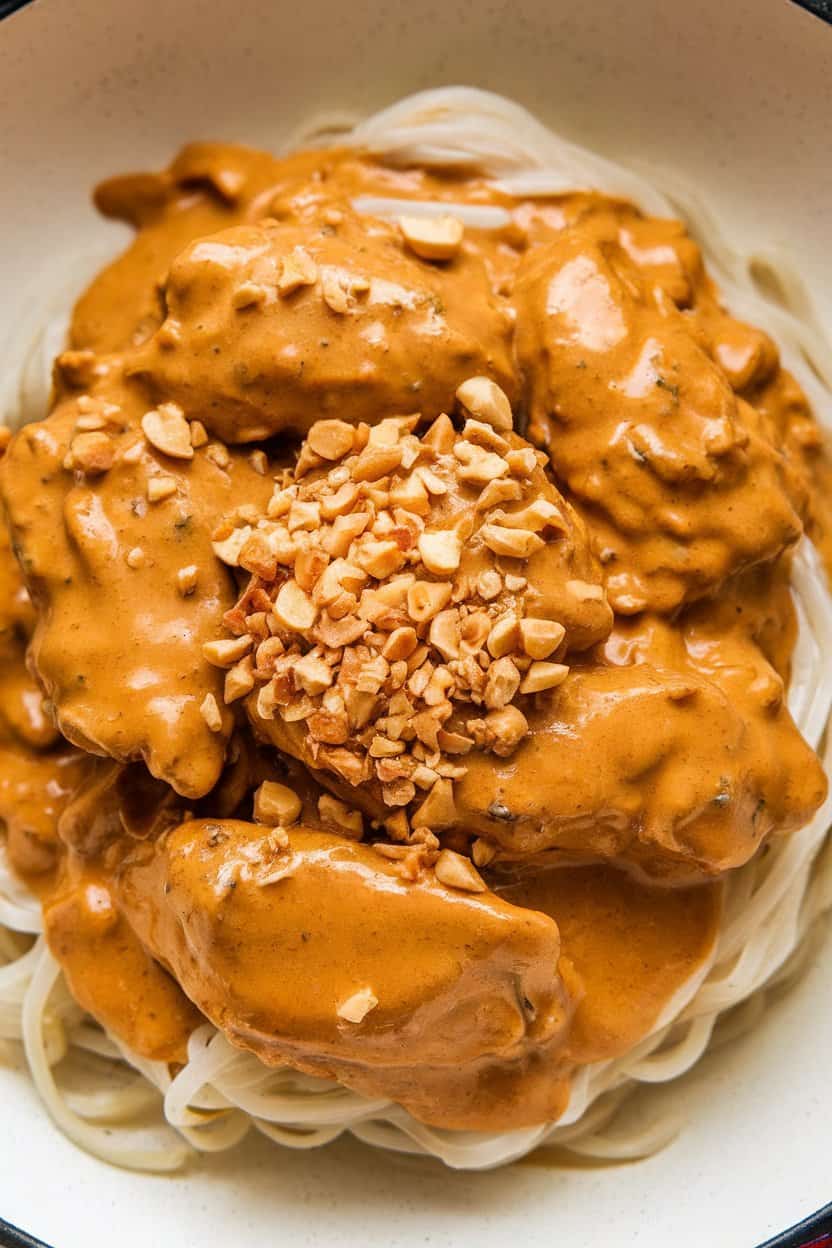Indoor photo of chicken pieces coated in creamy peanut sauce over rice noodles, crushed peanuts on top—no branding