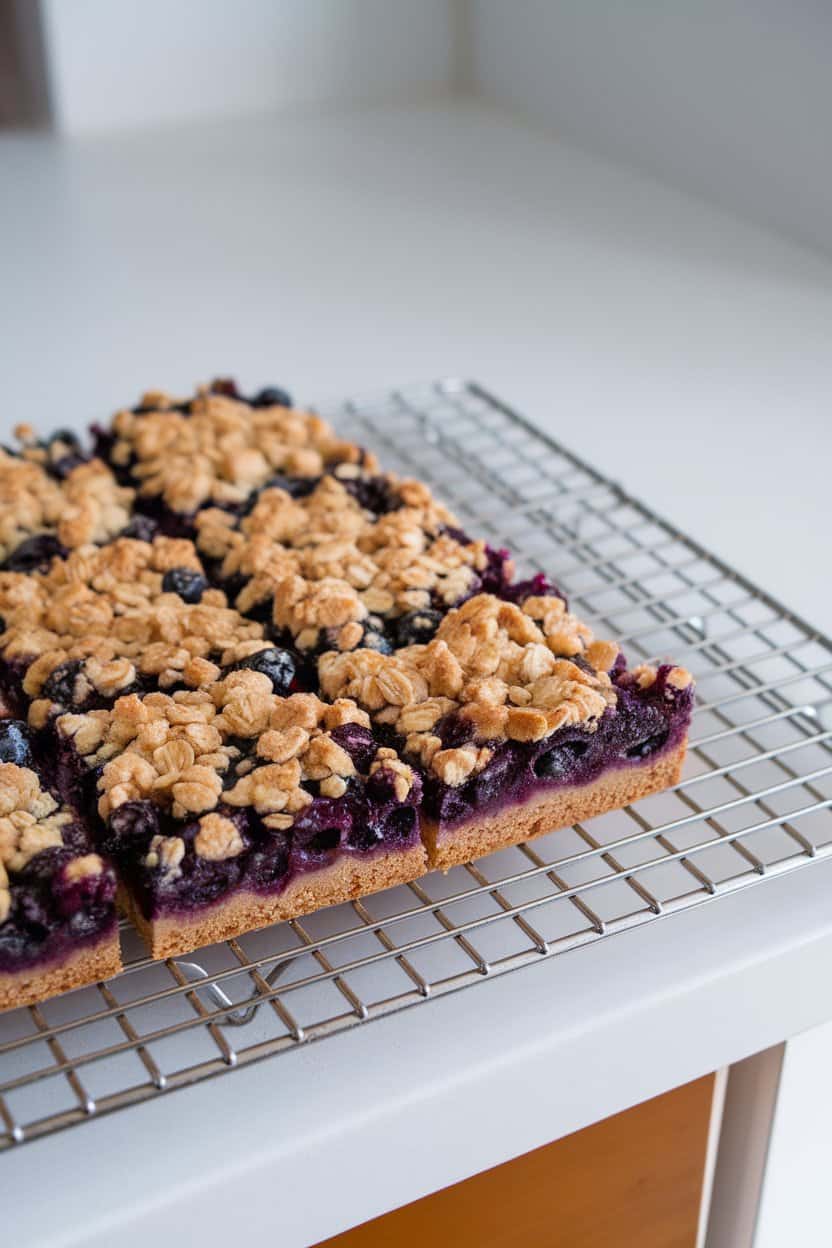 A baking rack on an indoor countertop holding square blueberry crumble bars showing bright purple filling and golden oat topping. No text or logos anywhere.