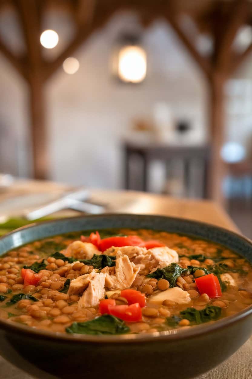 Indoor table with a hearty bowl of chicken and lentil soup dotted with diced tomatoes and spinach; no text or logos.
