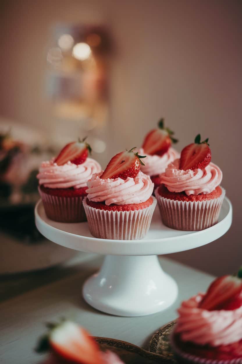 A softly lit indoor cupcake stand holding pink champagne-infused cupcakes topped with strawberry buttercream and a tiny piece of fresh strawberry. No text or logos; photo.
