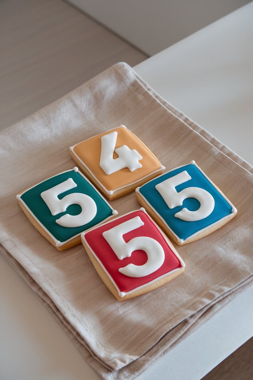 Photo of square vanilla cookies with bold white seat numbers on colored backgrounds, shot indoors on a linen napkin. No text or logos included.