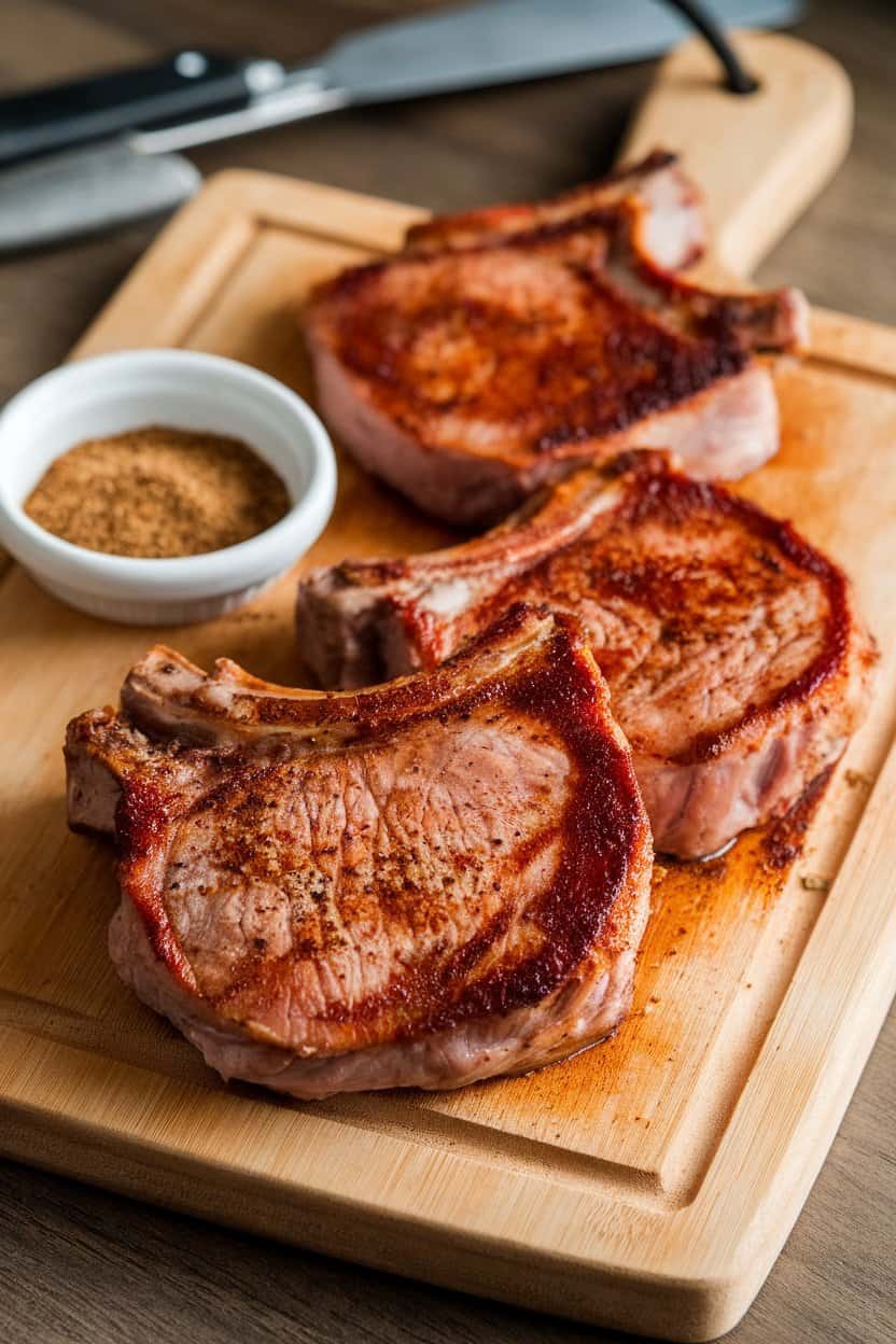 An indoor cutting board displaying dry-rubbed pork chops with a caramelized crust and a small bowl of spice rub nearby, no logos or text. Photo, not illustration.