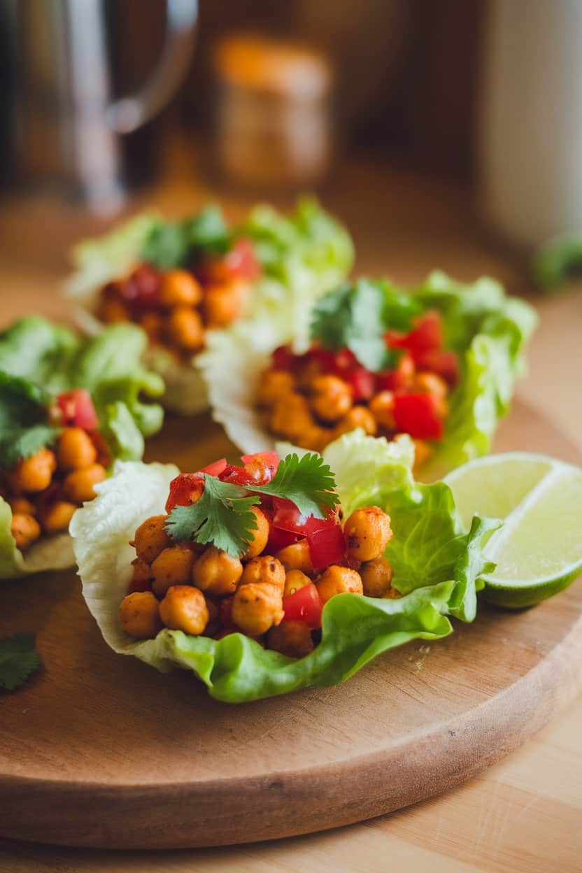 Indoor photo of butter lettuce cups filled with seasoned chickpeas, diced tomatoes, and cilantro, a lime wedge on the side; warm countertop lighting, no text or logos