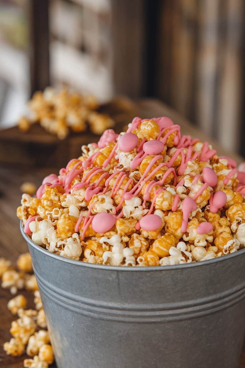 An indoor popcorn tub brimming with caramel corn lightly drizzled in pink candy coating, no text or logos.