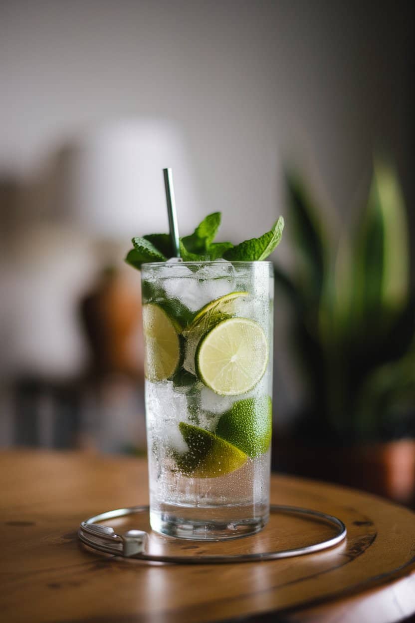 Indoor tabletop photo of a highball glass packed with muddled mint leaves, lime wedges, crushed ice, and club soda bubbling to the rim; condensation on the glass and no text or logos anywhere in the scene.
